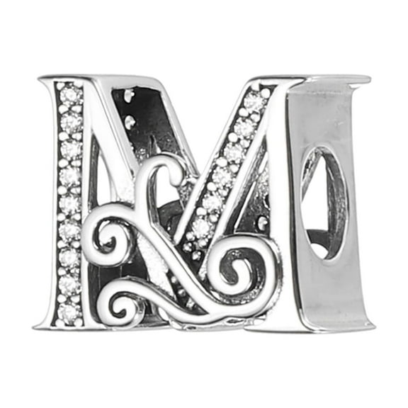 Uxcell 925 Sterling Silver Letter Charm, Alphabet M Letters Bead Charm Initial Letter Pendants for Bracelets Necklace DIY Jewelry Gift, Silver Tone