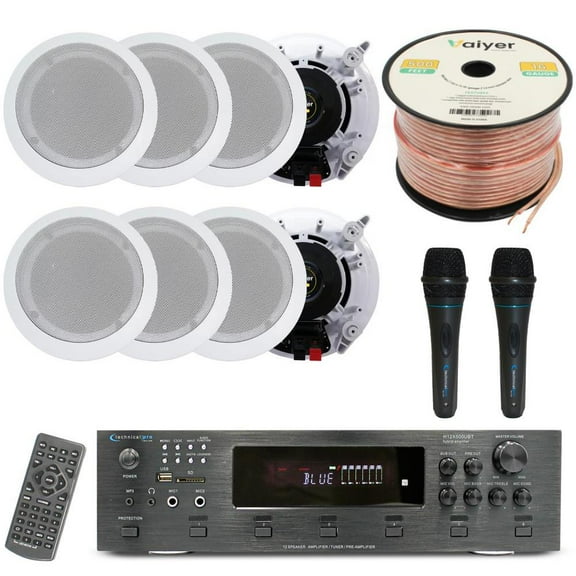 Home Stereo System Kit - 6 Channel 6000 W Bluetooth Amplifier w/ 8 QTY of 5.25" in-Wall in-Ceiling Speakers 175W Each, 2 QTY of Wired Mic, 500 ft Speaker Wire & Remote by Technical Pro