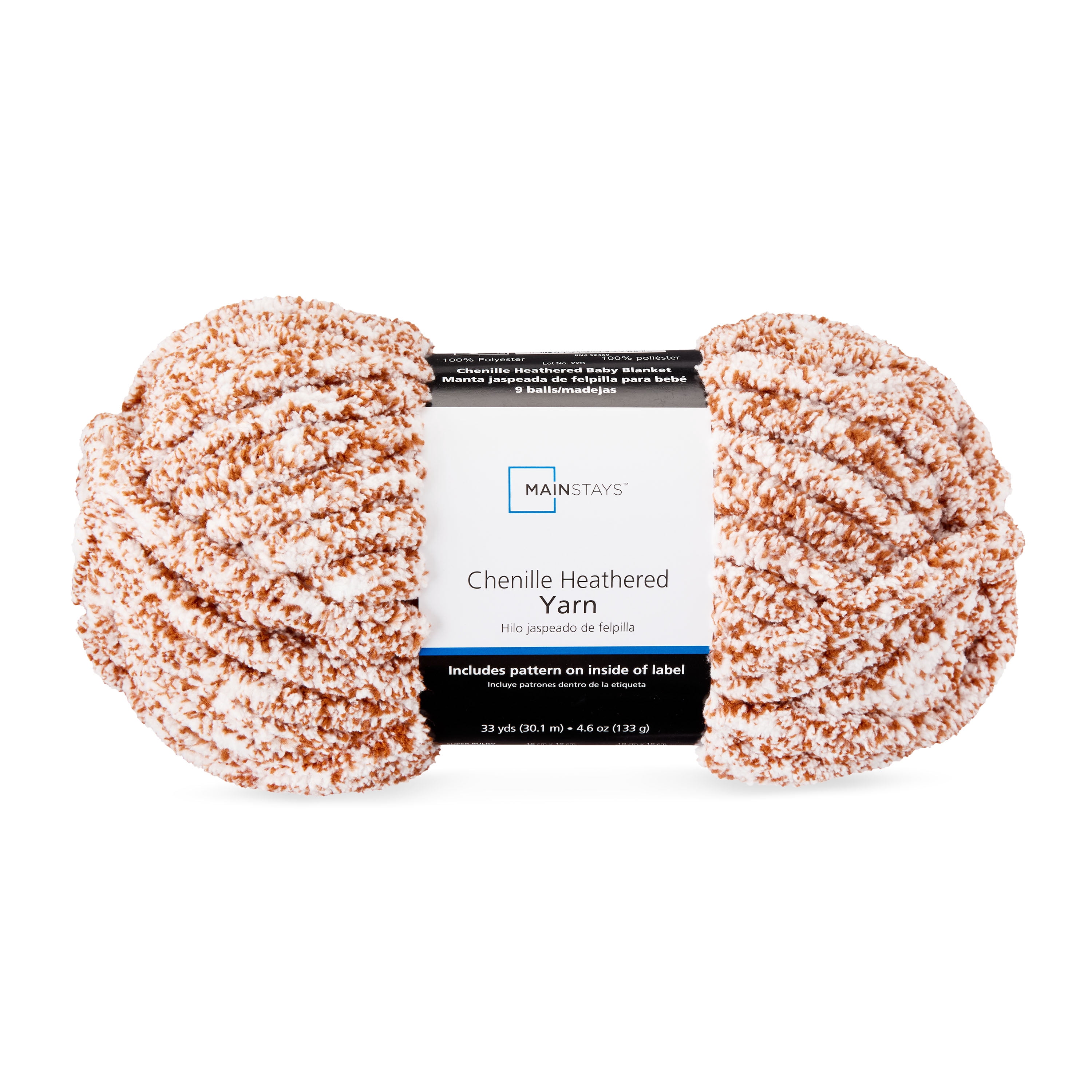 Mainstays Heathered Chenille Yarn, 33 yd, Gingerbread, 100% Polyester, Super Bulky, Pack of 4