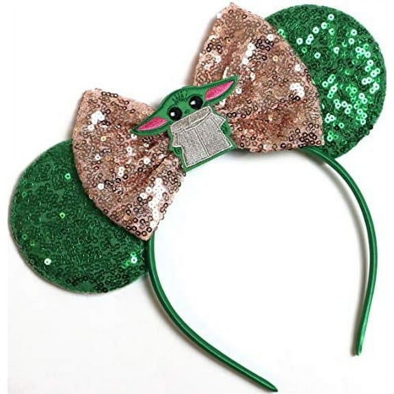 CLGIFT Baby Yoda Minnie Ears,Pick your color, Star Wars Minnie Ears, Silver gold blue minnie ears, Rainbow Sparkle Mouse Ears,Classic Red Sequin Minnie Ears (Baby Yoda)