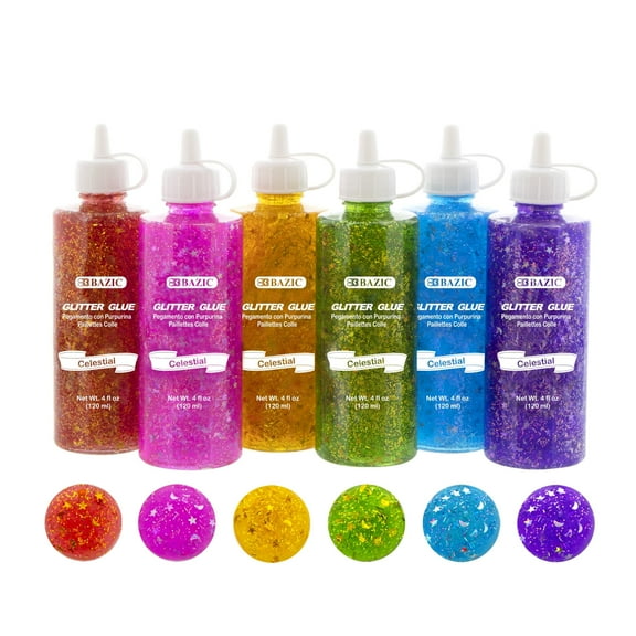 BAZIC Glitter Glue 6 Neon Color Non-Toxic for Art Crafts (4oz/Pack), 6-Packs