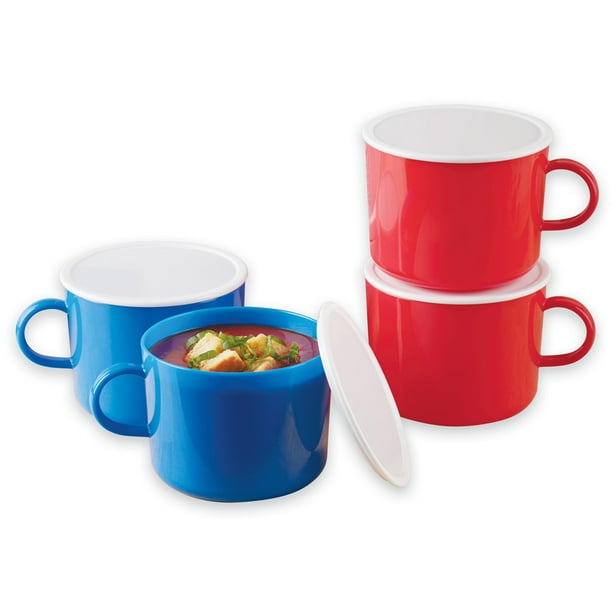 Microwaveable Soup Mugs Set with Lids, Blue and Red, 4 Pc