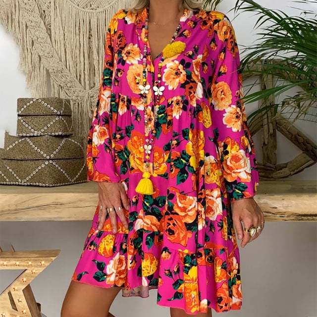 LSLJS Robe Mini à Manches Trois-Quarts Imprimée Ample pour Femmes, Robe d'Été Grande Taille Cadeaux pour Femmes