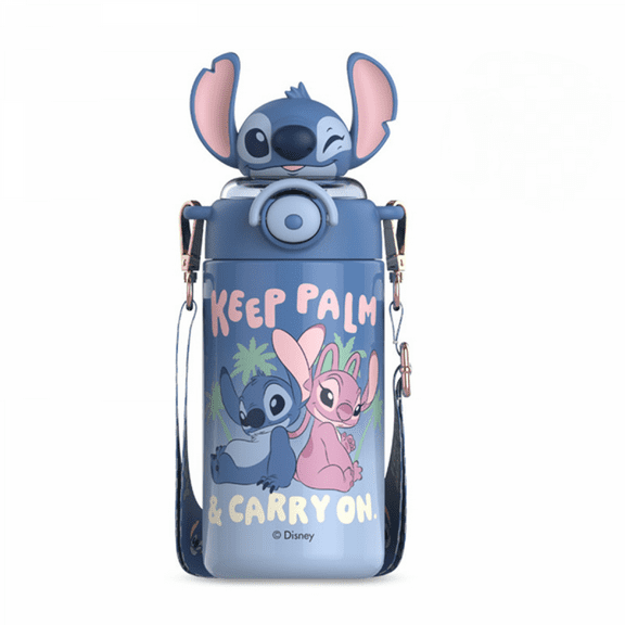 HEXNNHA Cartoon Stitch 316 Stainless Steel Kids Insulated Tumbler with Straw, 600ml Large Capacity Thermos Bottle, Leak-Proof Portable Water Bottle with Adjustable Strap for School Outdoor QH91-029