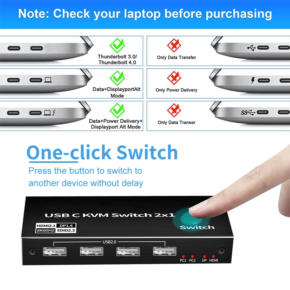 2x1 USB-C KVM Switch,AUBEAMTO 8K 60Hz USB-C Switch Box, 2 PC Input 1 DisplayPort / HDMI Monitor Output, 2 Laptop Share 4 USB Devices Support One Button switching for Macbook Laptop PC