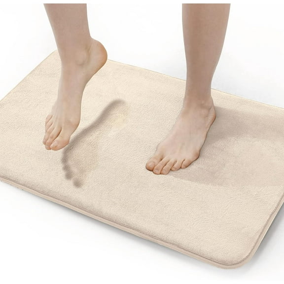 Extra Thick Memory Foam Bath Rug (20x32 Beige) Nonslip Absorbant Super Cozy Velvet Bathroom Mat, Premium Soft Plush Comfortable Carpet for Bath Room Shower Floor Tub, Machine Washable