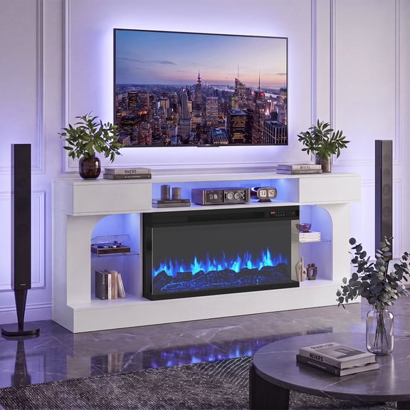Sonegra 70 Inch Fireplace TV Stand, 3‑Sided Glass Electric Fireplace Media Console Fits Up to 80" TV, Entertainment Center with Shelves & Spacious Storage, LED Flame TV Cabinet for Living Room, White