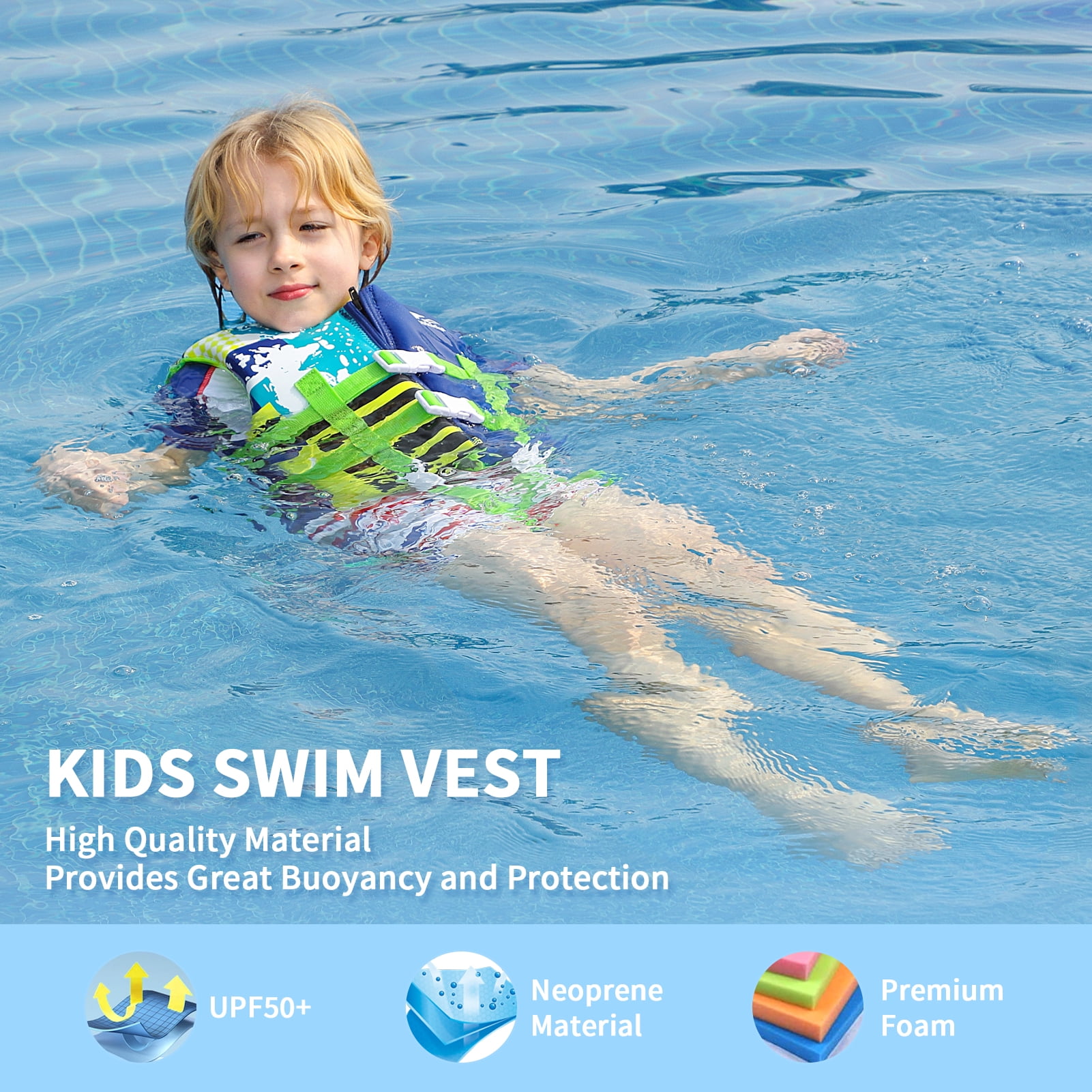 Gogokids Kids Swim Vest Life Jacket, Float Suit Children Flotation Buoyancy Swimsuit Swimwear Swimming Learning for Children, Blue