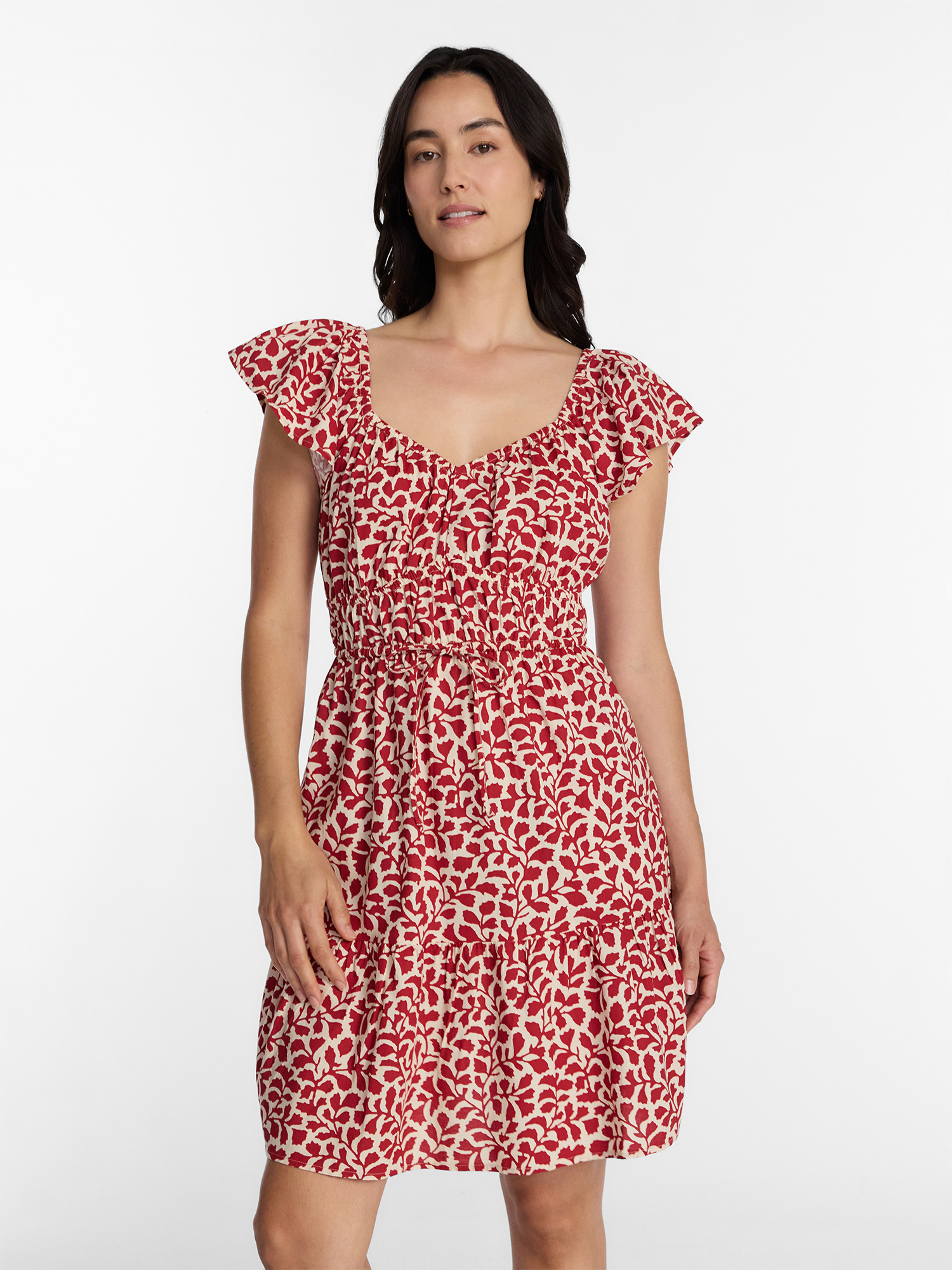 Time and Tru Women's Tie Waist Mini Dress with Flutter Sleeves, Sizes XS-XXXL