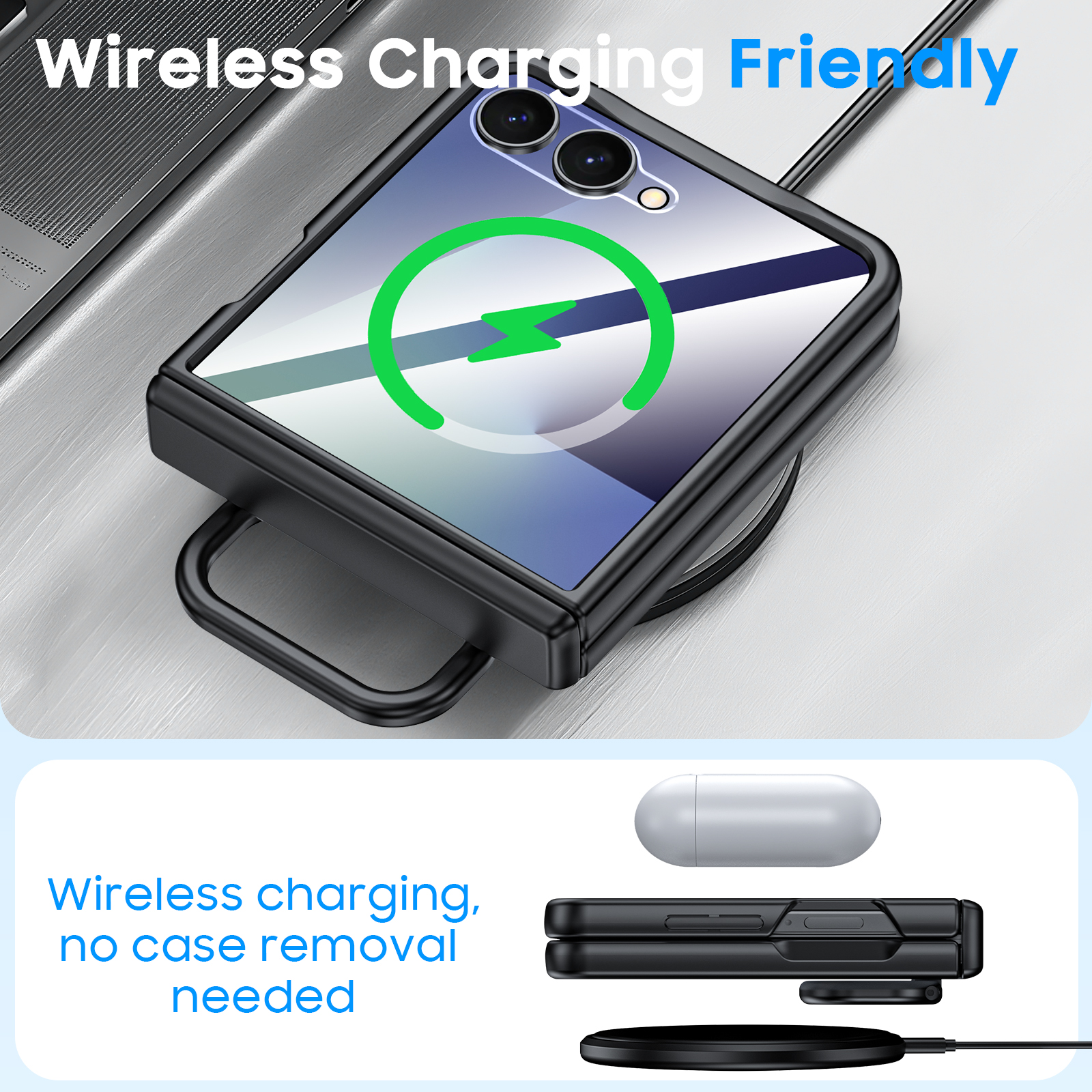Vizvera for Samsung Galaxy Z Flip 7 Case with Ring Holder & Screen Protector & Hinge Protection,Wireless Charging,Skin Feel Matte PC,Shockproof Phone Case-Black