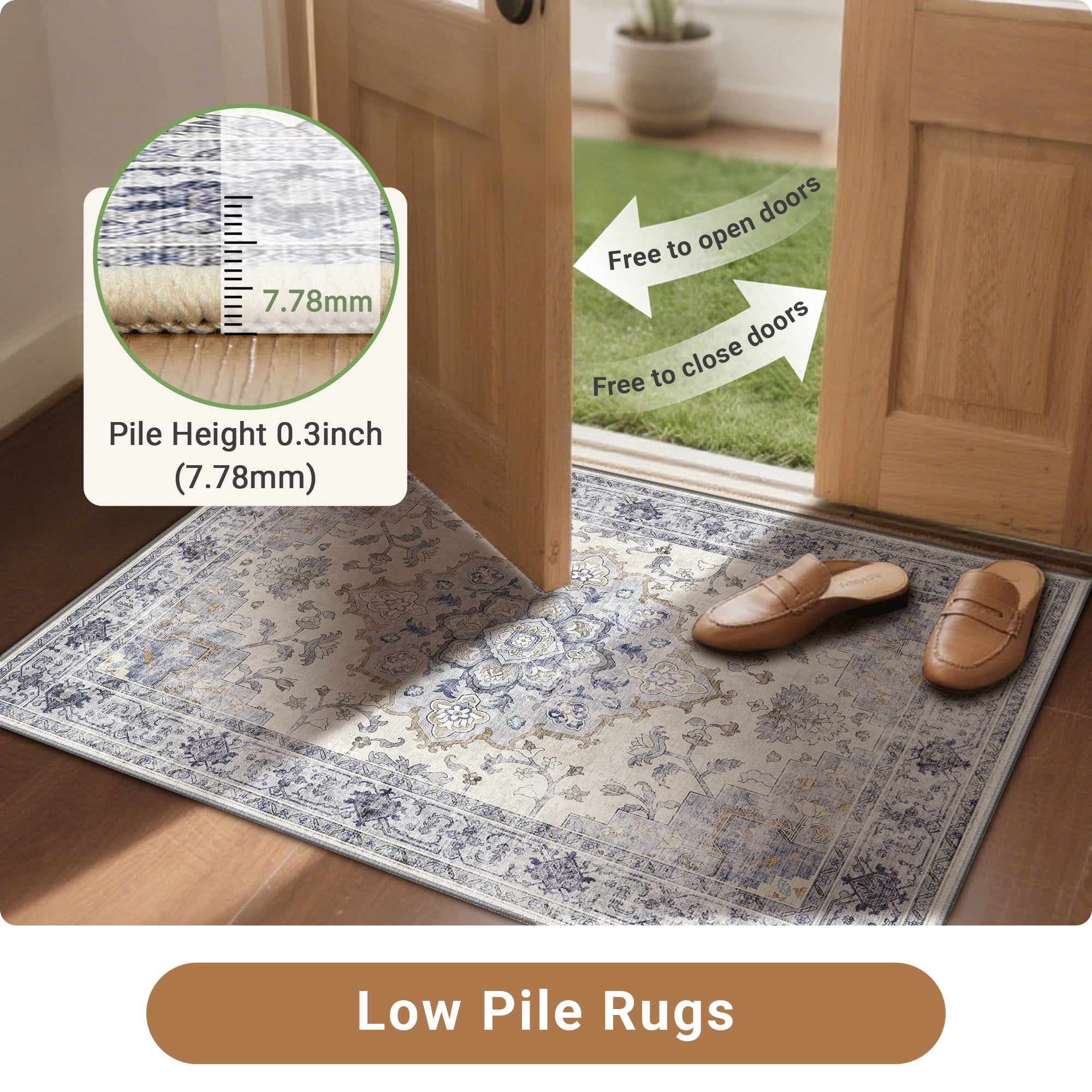 NewBuros 8'x10' Area Rugs, Machine Washable Non Slip Rugs for Living Room, Low Pile Water Repellent Soft Vintage Print Pattern Bedroom Carpet, Blue & White