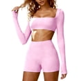thumbnail image 2 of Abomasnow Workout Sets for Women 2 Piece Square Neck Long Sleeve Crop Tops High Waist Biker Shorts Gym Sets, 2 of 7