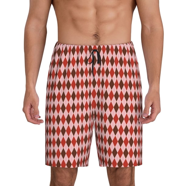 Balery Red and Brown Squares Pantalones cortos de pijama de punto de algodón para hombre con cinturilla y bolsillos-4X-Large