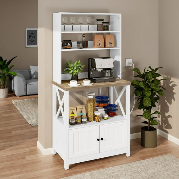 DEXTRUS 5-Tier Kitchen Bakers Rack with Storage Cabinet, 39" Microwave Stand with Power Outlet,White