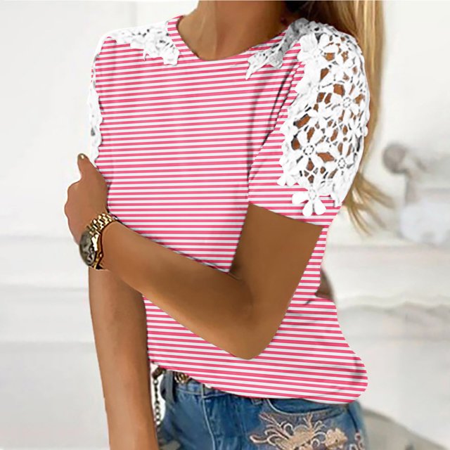 Blouses pour Femmes, Femmes Imprimé Manches Courtes Col Rond Pull Dentelle Hauts Chemises Blouse