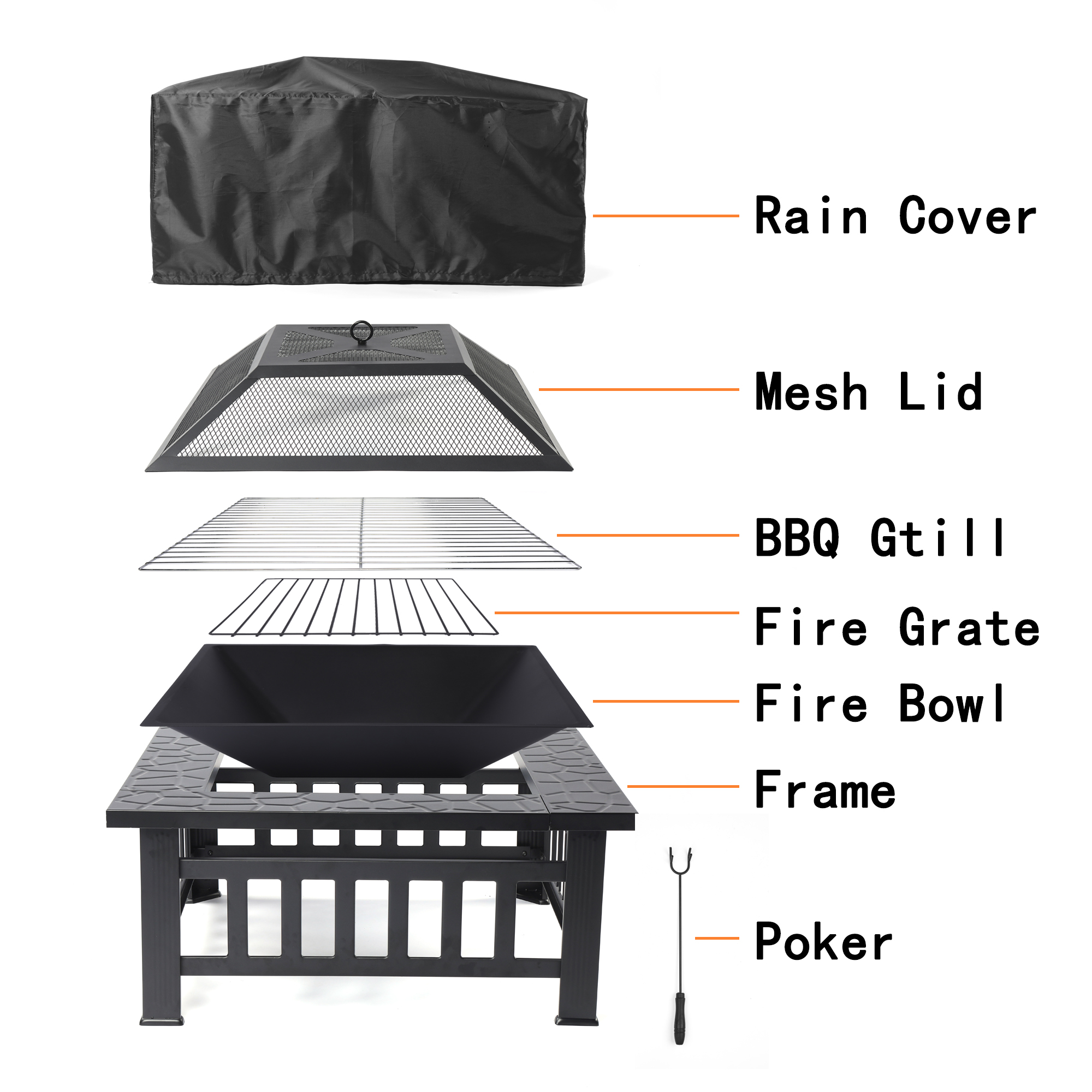 Fire Pits for Outside, 32" Wood Burning Fire Pit Tables with Screen Lid, Poker, BBQ Net, Ice Tray, Food Clip and Cover, Backyard Patio Garden Outdoor Fire Pit/Ice Pit/BBQ Fire Pit, Black - image 4 of 10