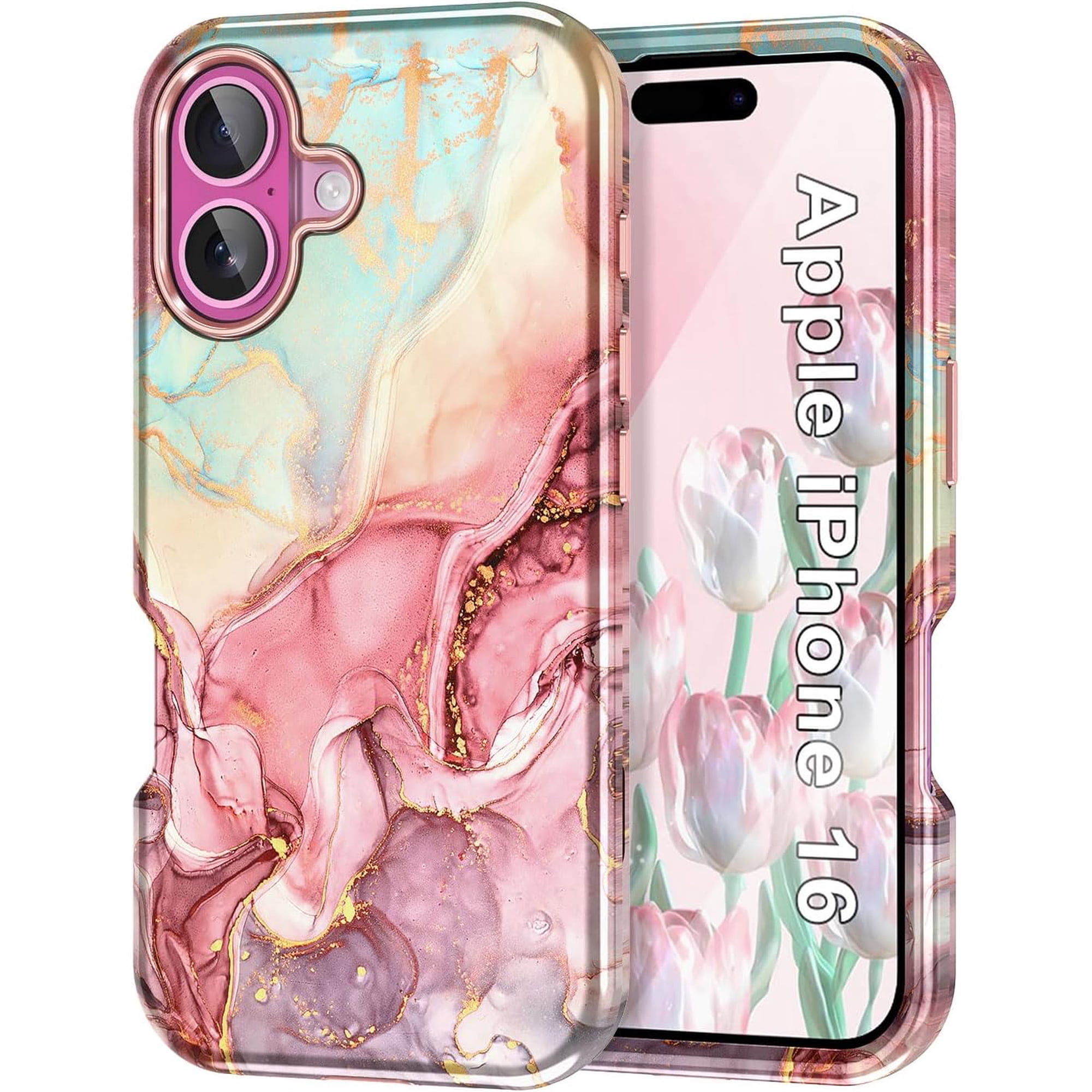 Case for iPhone 16 Case (2024), [Military Grade Drop Tested] Marble Pattern Design Slim Rugged Shockproof Women Girls Men Protective Anti-Scratch Cover for iPhone 16, All Rose Gold