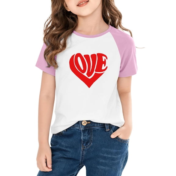 Xdegoge Soft Cotton Kids Raglan T-Shirt for Valentine's Day – Unisex Short Sleeve Tee Heart Pattern Toddler Girl Graphic Tees