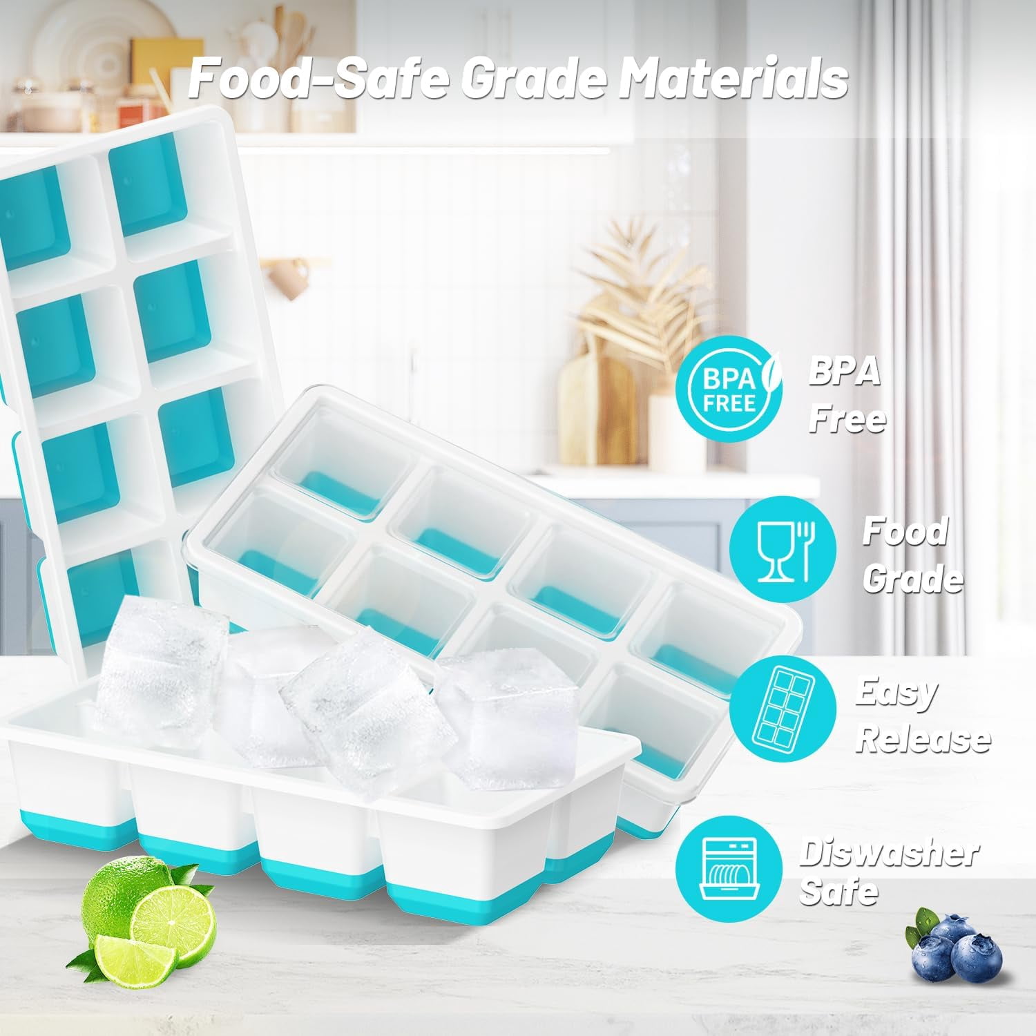Ice Cube Tray 3 Pack, Square Large Ice Cube Molds for Freezer, BPA-Free, Dishwasher Safe, Easy Release Ice Trays for Cocktail,Whiskey (Blue)