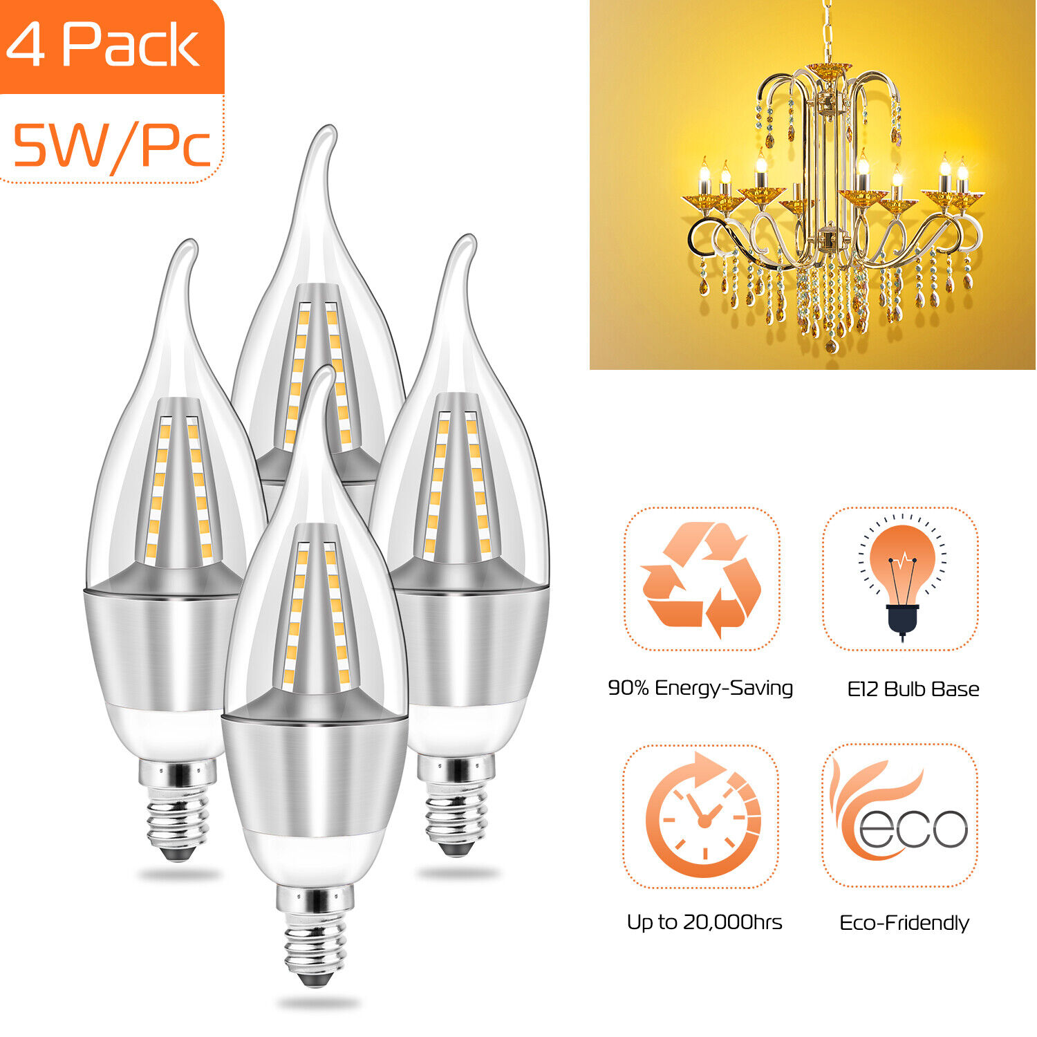 4Pack 5W E12 Candelabra Bulbs 50W Equivalent Candle Flame Tip Light