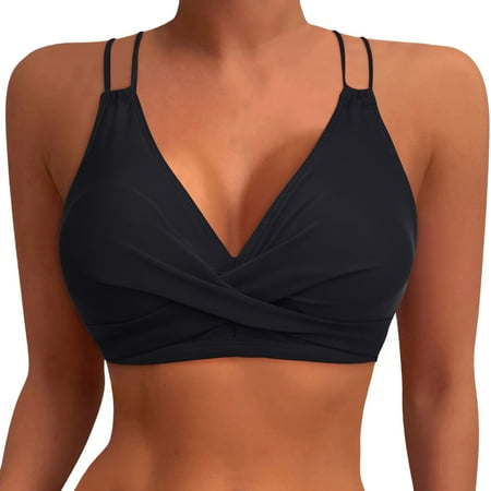 Fshinging Sexy Black Suspender Bikinis Tops Black Ruched V Neck Swim Crop Top Beach Full Coverage Backless Tie Back Bathing Suit Vest