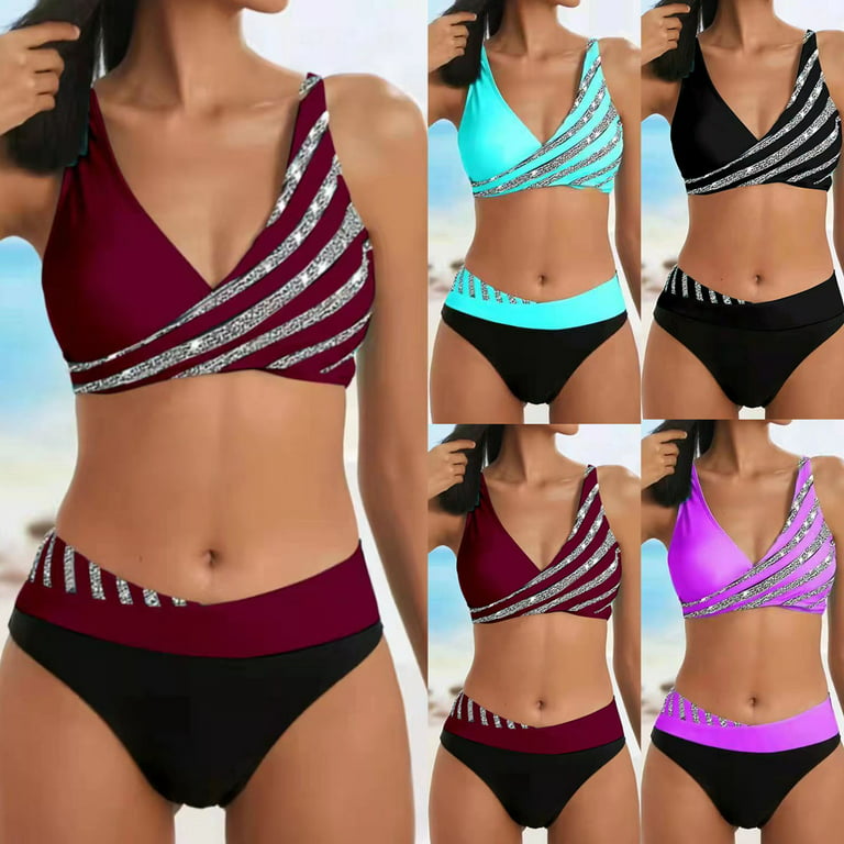 Mlqidk Women High Waisted Bikini Sequins Stripes Swimsuits Lace up Bikini  Tops Color Block Push up 2 Piece Bathing Suits