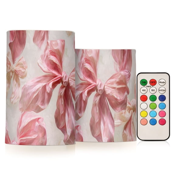 Soft Pink Bows Flickering Flameless Candles LED Tealight Battery Operated with Remote Set of 2 Holiday Decor Ornaments