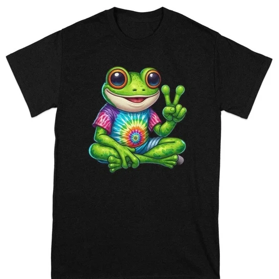 Colorful Tie Dye Peace Frog T-Shirt, Fun Cartoon Frog Graphic Tee