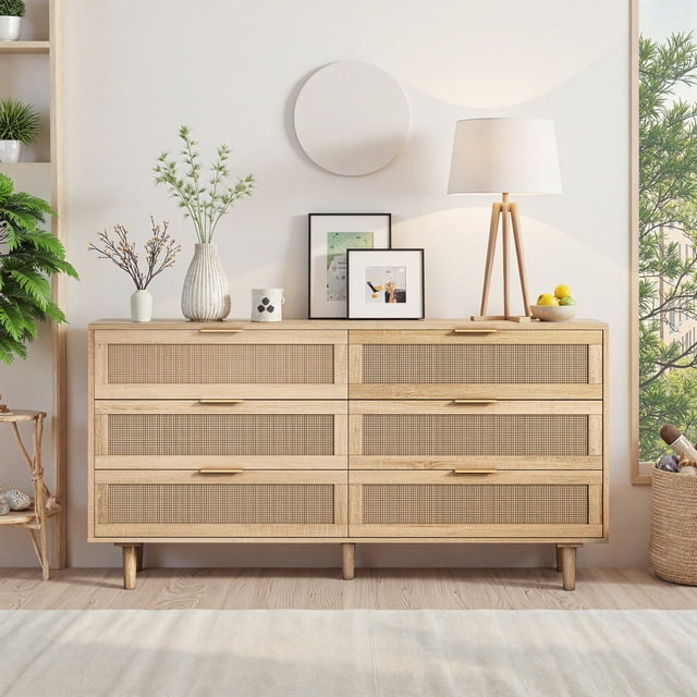 HMSHA 59.06"6-Drawers Rattan Storage Cabinet Rattan Drawer,for Bedroom,Living Room,Natural