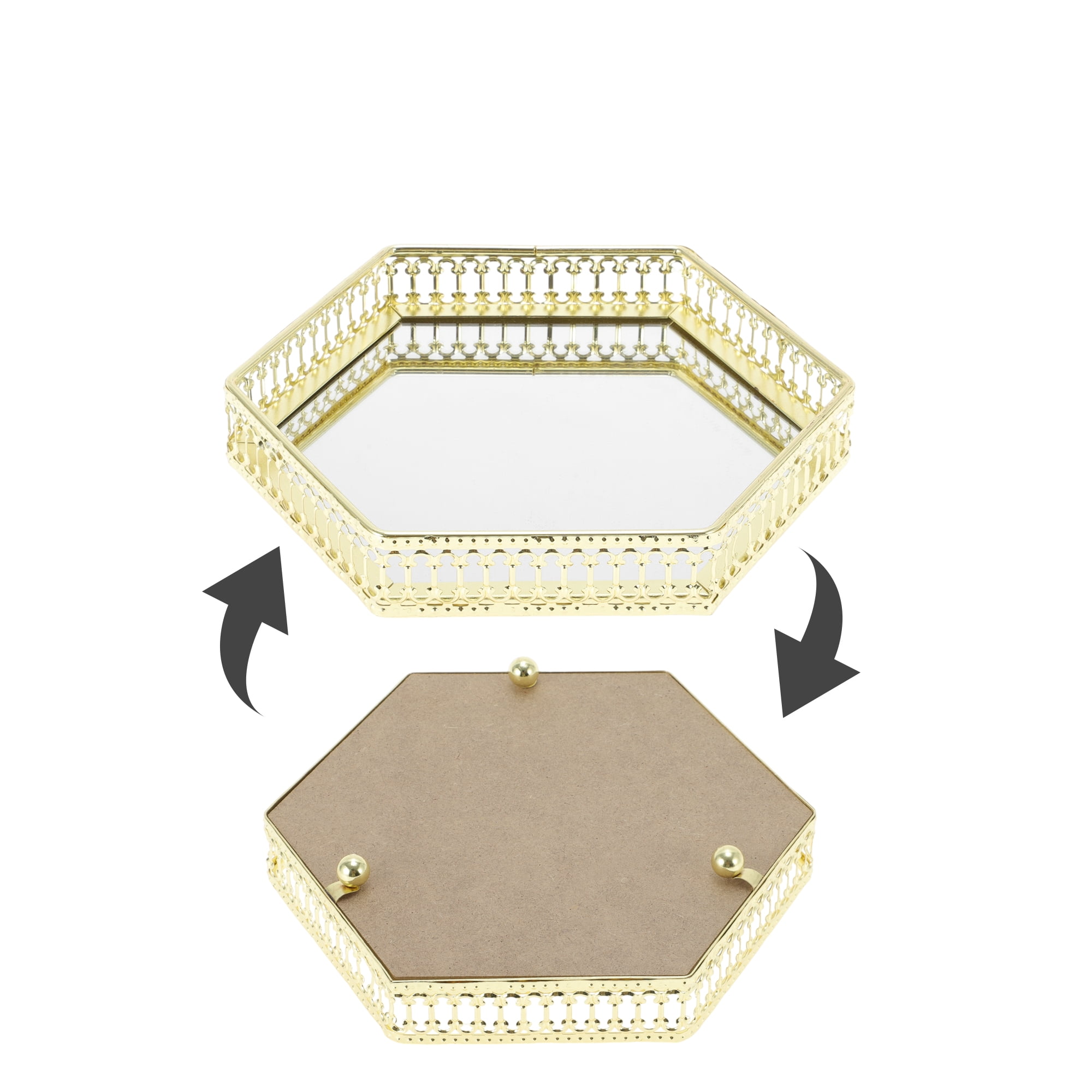 Unique Bargains Mirror Tray Hexagon Metal Perfume Tray Glass Candle Serving Tray