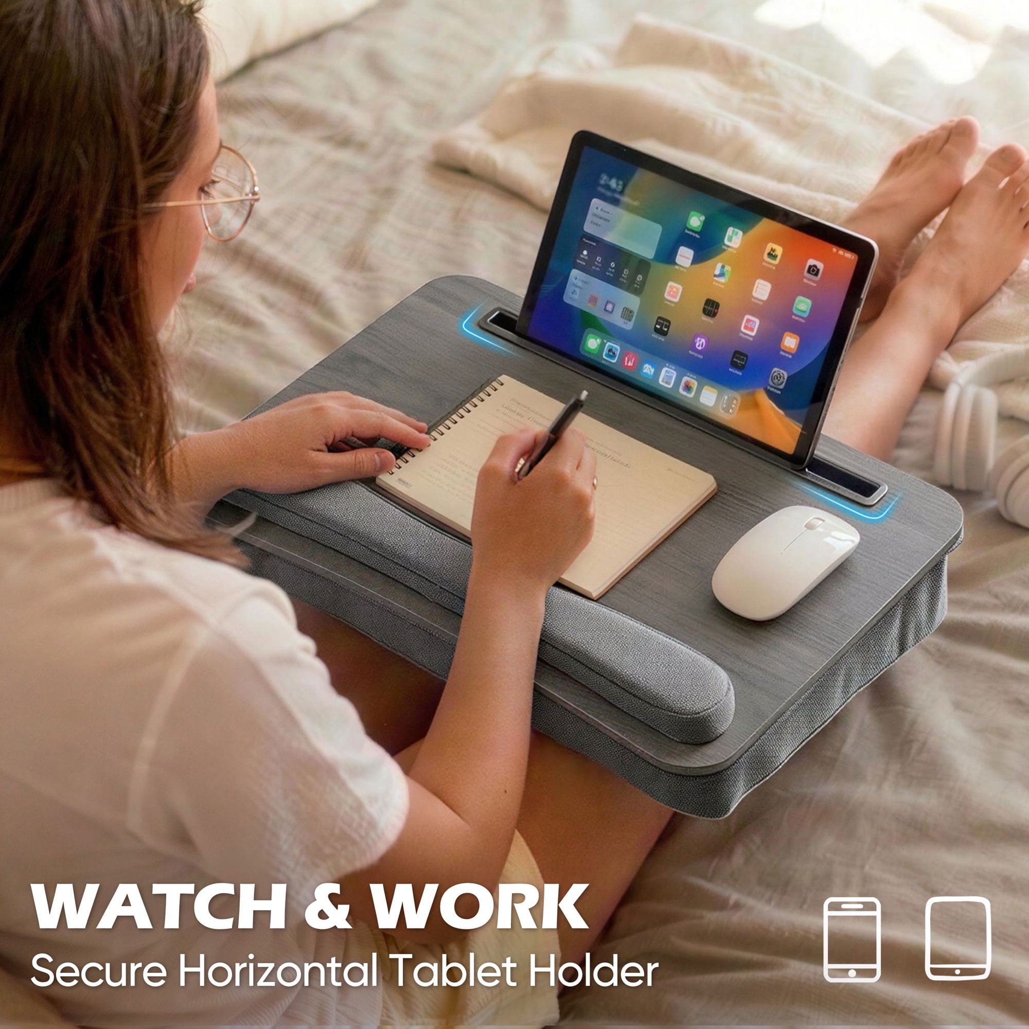 Coliware Lap Desk with Pillow Cushion, Portable Laptop Desk with Anti-Slip Strip Wrist Rest & Storage Function Fits Up to 15.6” Laptops, Laptop Stand for Home Office, Gray Book Tablet
