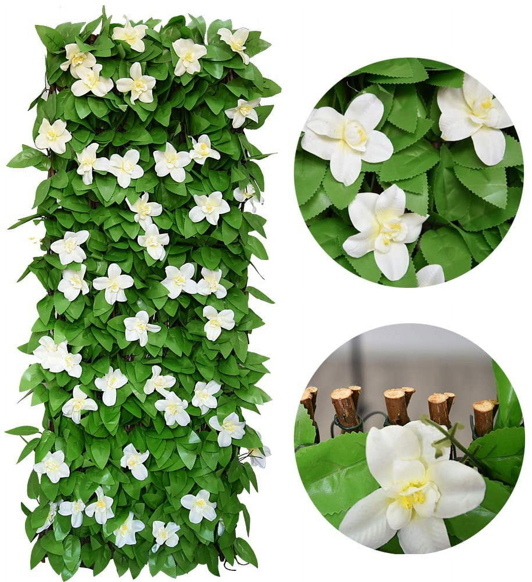 Expandable Faux Ivy Privacy Fence for Balcony, Outdoor Decorative Fencing Panel with White Flowers