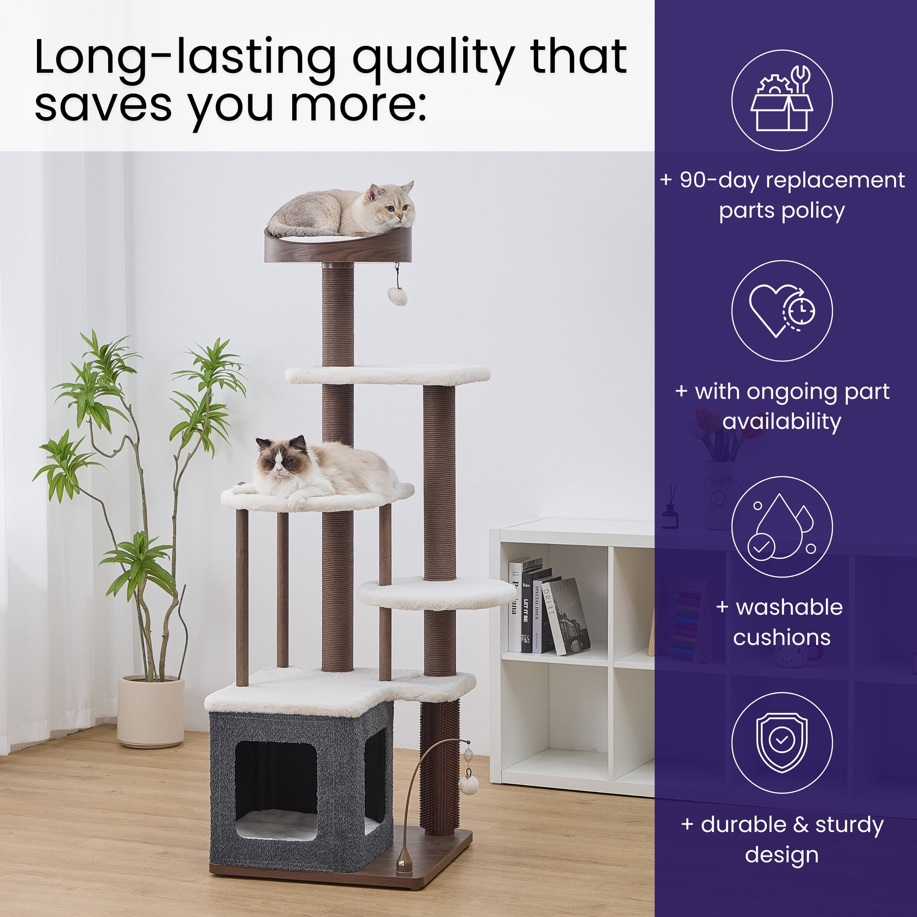 Catry® Trinity 5-Level Cat Tree with Washable Beds, Recycled Paper Scratchers, Toys, Massager & Laminated Wood, Gray