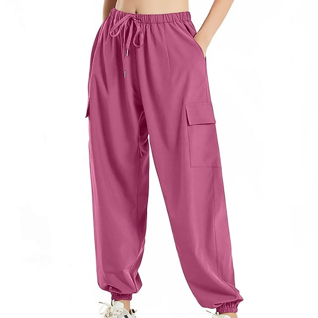 Timegard Womens Cargo Pants Plus Size Elastic Waisted Drawstring Cinch Bottom Running Trousers with Pockets