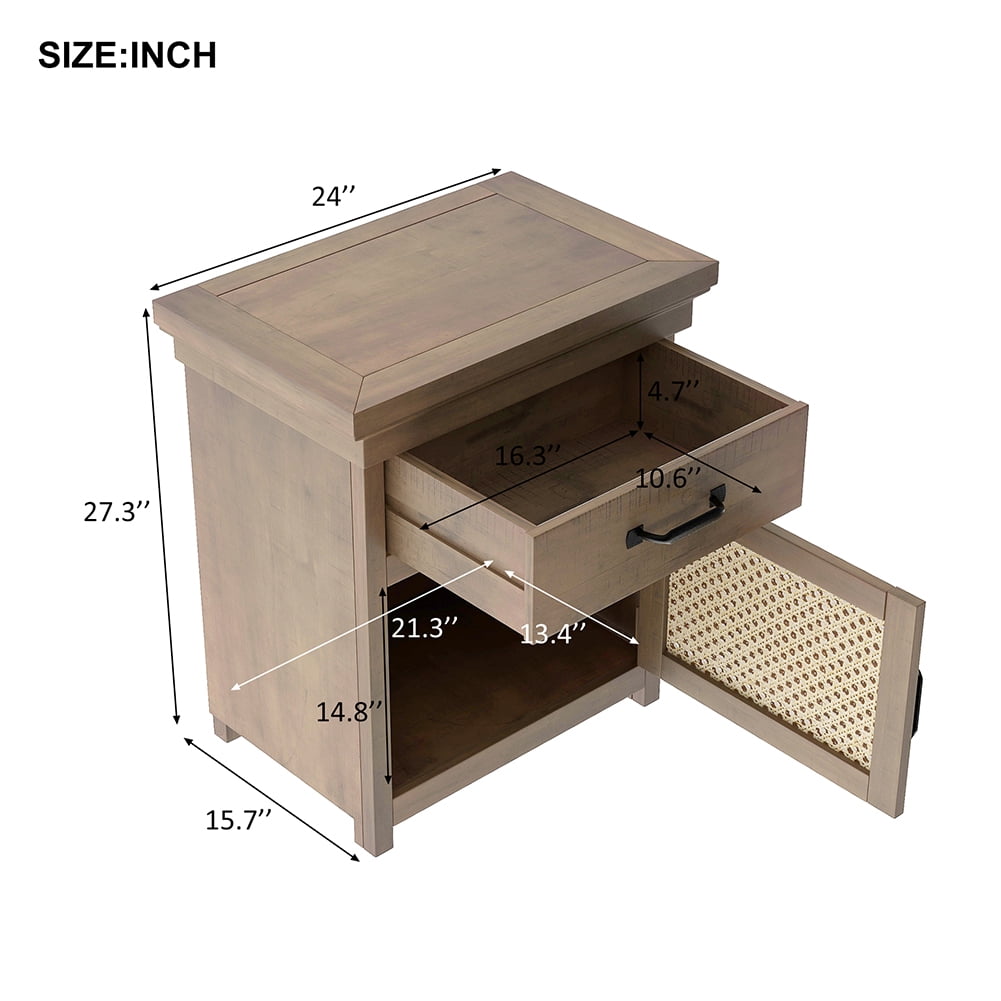 Private Jungle Rustic Nightstand with Drawer and Rattan Design Cabinet,Modern Wooden Bedside Table End Table for Living Room and Bedrooms,Natural Private Jungle Rustic Nightstand with Drawer and Rattan Design Cabinet,Modern Wooden Bedside Table End Table for Living Room and Bedrooms,Natural
