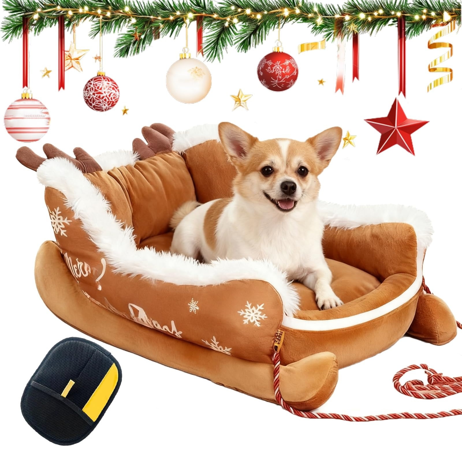 2027 Christmas Sleigh Dog Bed, New Christmas Dog Bed, Soft Warm Washable with Non-Slip Base, Winter for Cat & Dogs