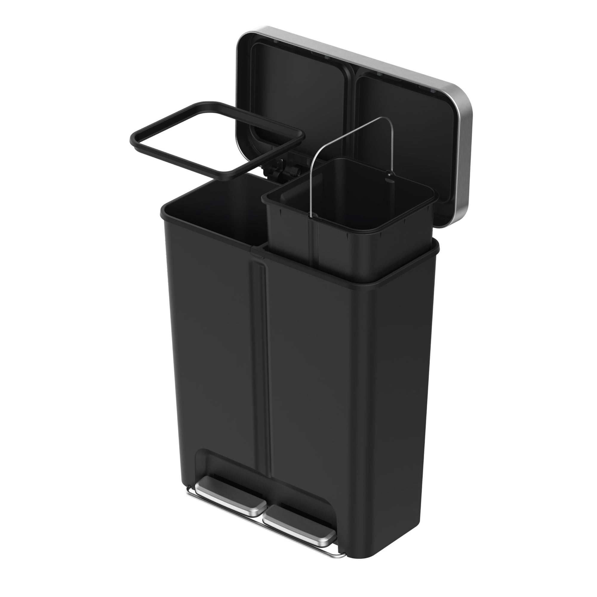 Better Homes & Gardens Kitchen Recycle Trash Can, 16 Gallon Plastic Dual Compartment Step Garbage Bin, Black