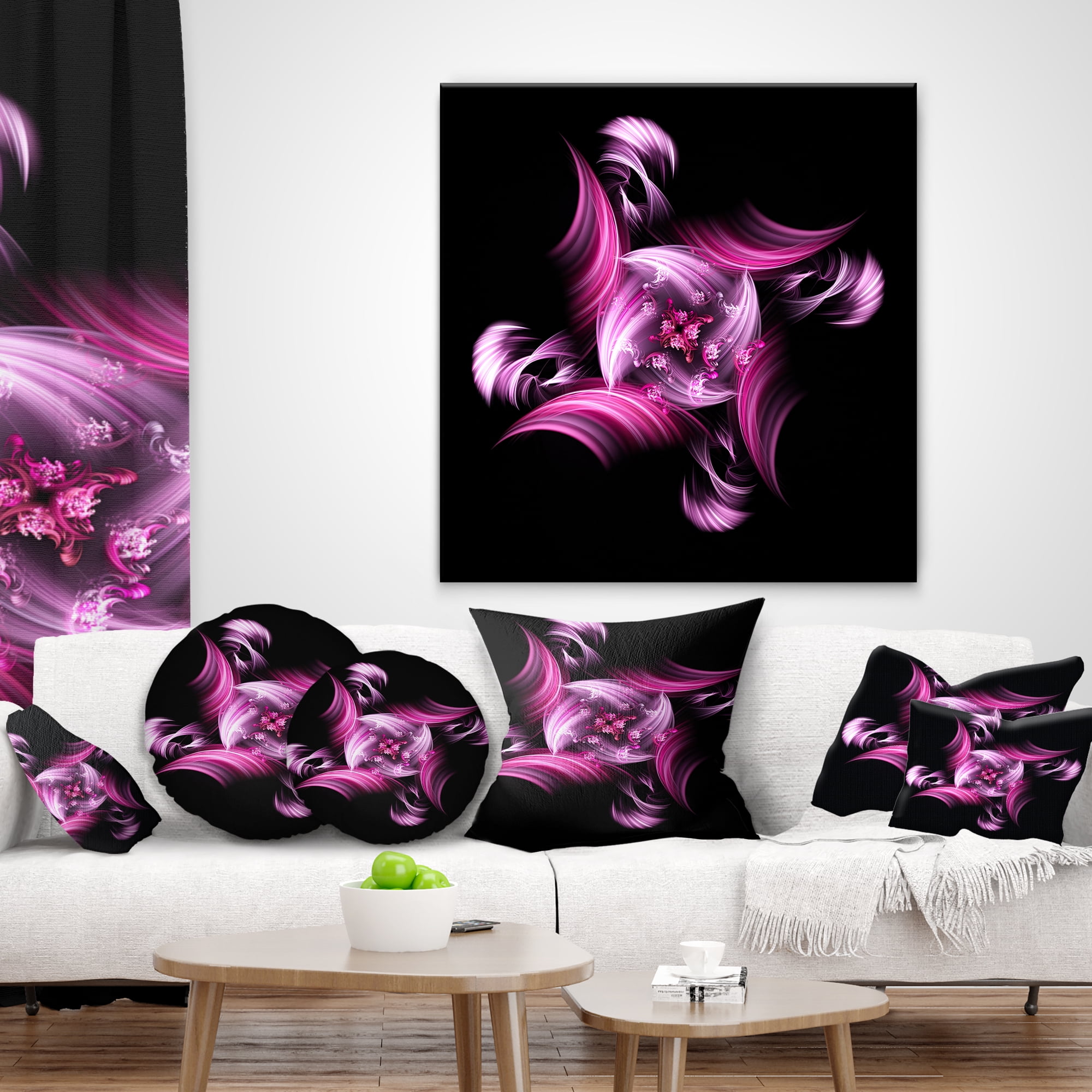 Designart Rotation of Small World Purple in Black - Floral Throw Pillow - 16x16