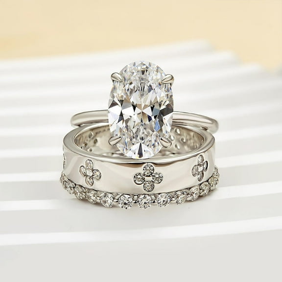 Kalapi Jewel 2.2 Ct Oval Cut Moissanite Engagement Ring for Women - 14K White Gold Plated Trio Set Wedding Rings with Matching Anniversary Rings for Her - Perfect Proposal and Special Occasion Gifts
