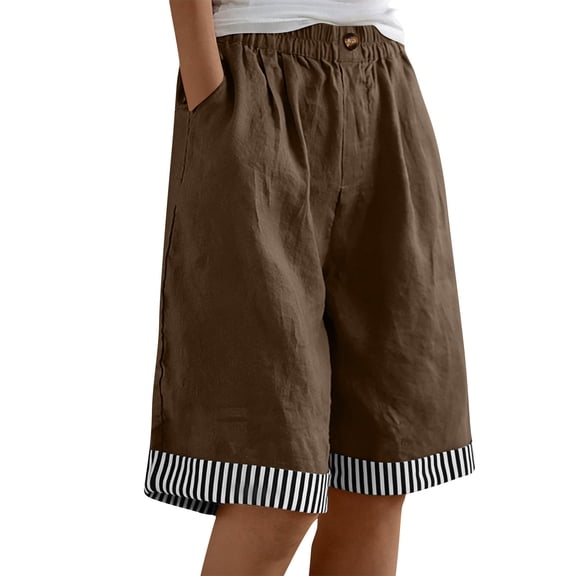 CYRBOKO Women's Bermuda Shorts, Summer Casual Knee Length Elastic Waist Cotton-linen shorts Brown Size S