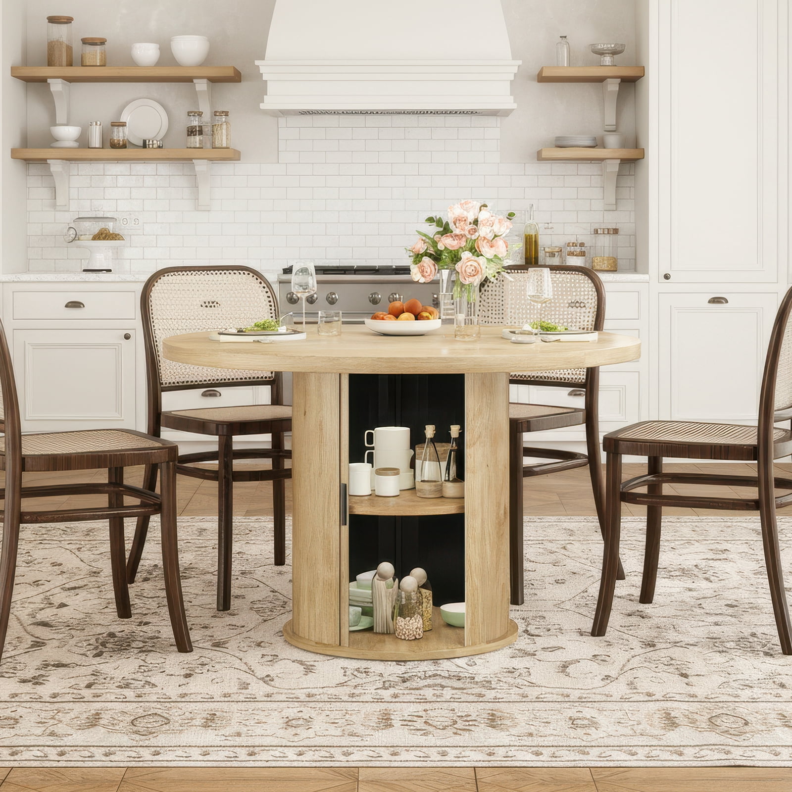 Farini 43" Round Dining Table, Modern Wood Kitchen Table with Hidden Storage & Metal Base, Seats 4, for Dining Room or Kitchen, Natural