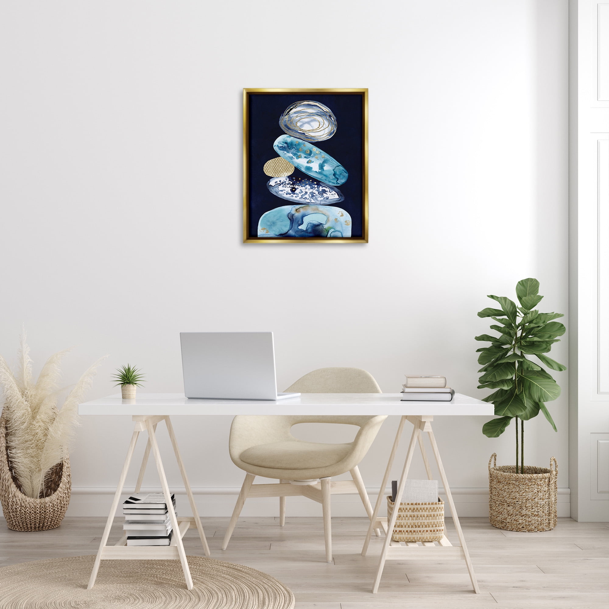 Stupell Industries Patterned Stacked Pebbles Landscape Painting Gold Floater Framed Canvas Art Print Wall Art, 25 x 31