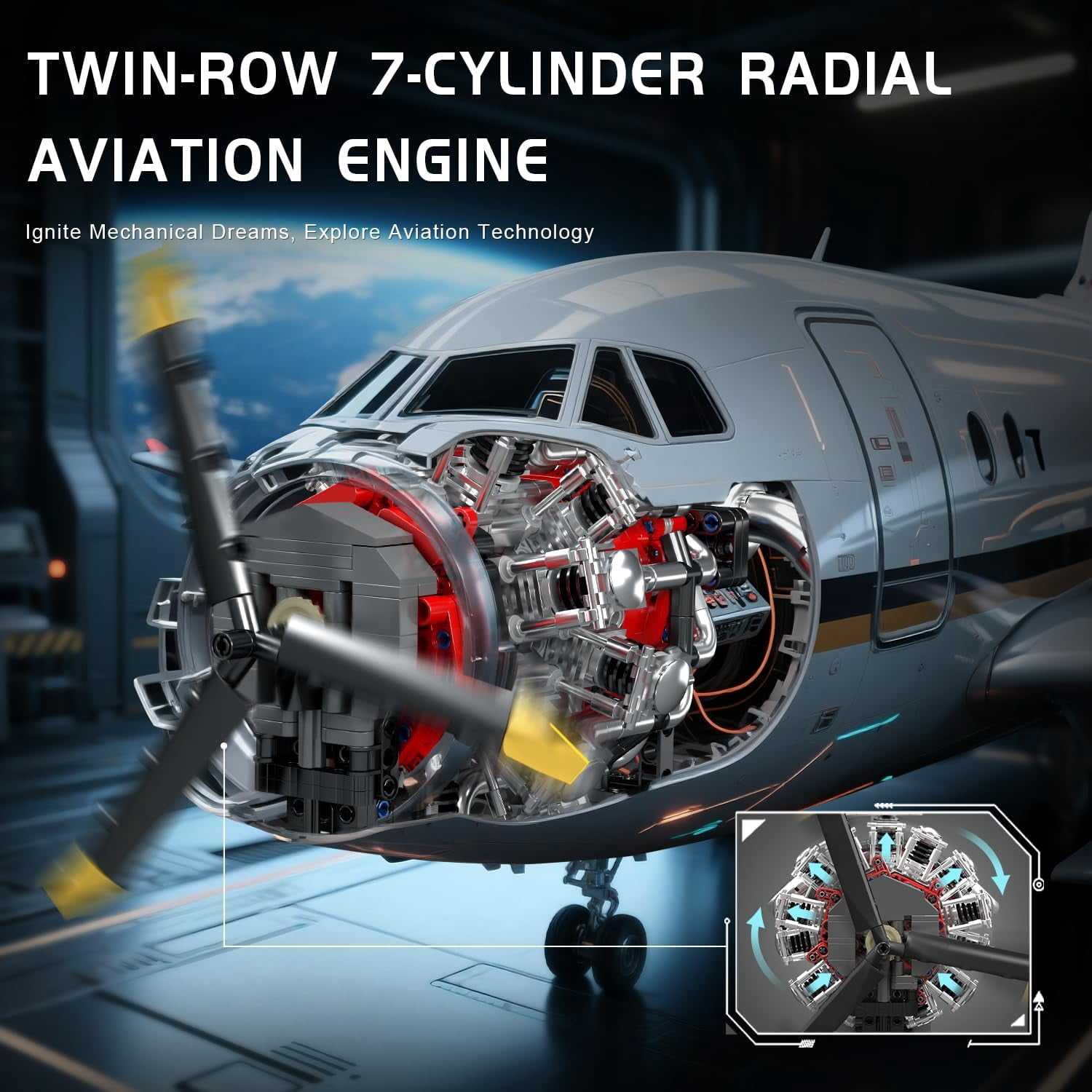 Aircraft Engine Building Blocks Set Mini Radial Aviation Engine Model Kit with Motor, 7 Cylinder Engine Engineering Building Kits, DIY STEM Construction Toys for (1147 PCS)