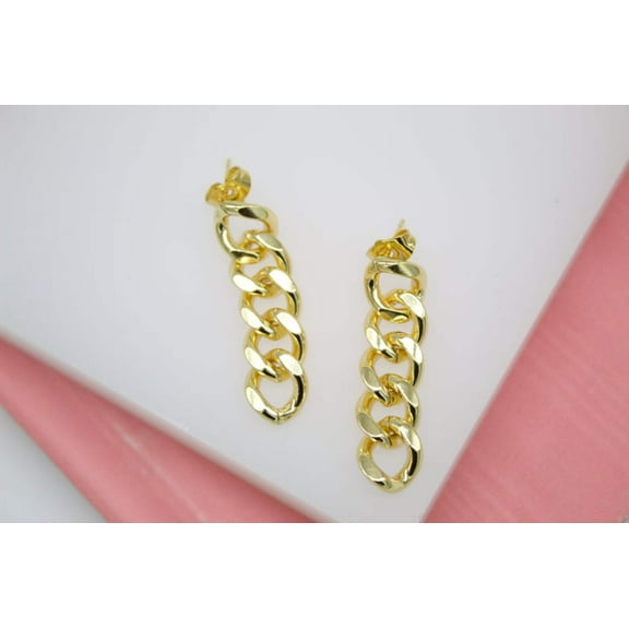 18K Gold Filled Cuban Link Chain Dangle Drop Earrings (L194)