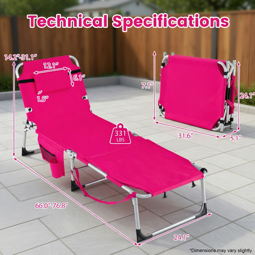 Hommoo Portable Folding Tanning Chair with Face Hole & Adjustable Backrest, Lightweight Sunbathing Lounger for Beach, Pool, and Backyard, Pink