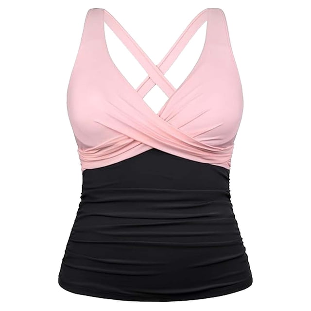 Roncen Womens Underwire Tankini Swim Top Cross Front V Neck Swimsuit Tops Ruched Tummy Control Swimwear