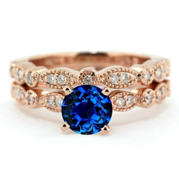 2 Carat 6mm Round Cut Blue Sapphire And Moissanite Diamond Halo Bridal Set in 10k Rose Gold
