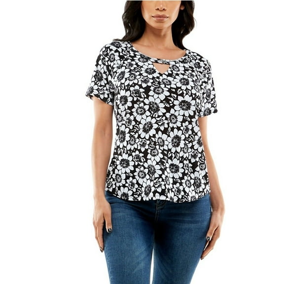 Adrienne Vittadini Women's Short Sleeve Raglan Top with Keyhole Floral Size M