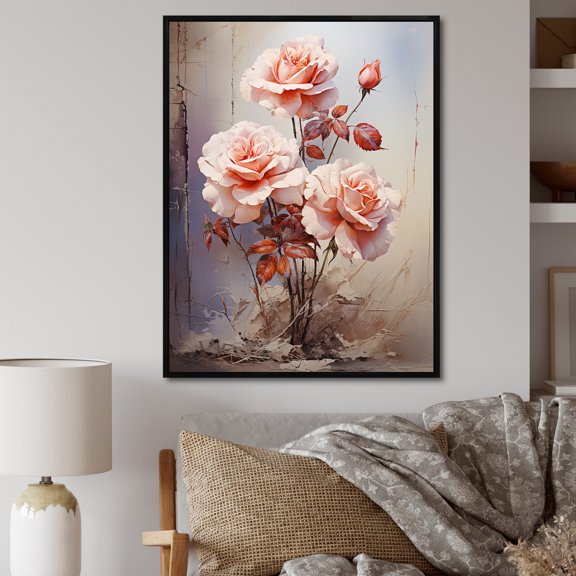 Designart "Alluring Pink Blossoms" Roses Floater Framed Wall Decor