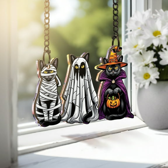 Lotusprinthandmade Halloween Cat Lovers Spooky Custom Shape Window Hanging Suncatcher 3.5in, witch lovers cat suncatcher